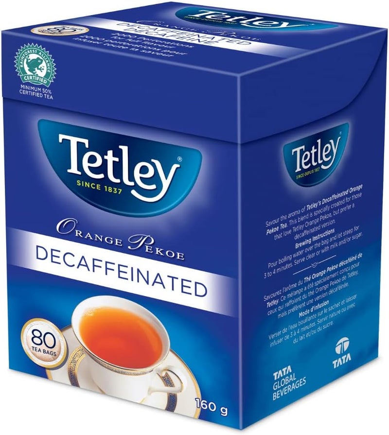 Tetley Orange Pekoe Decaffeinated Tea - 80 Tea Bags (160g) - Image 1
